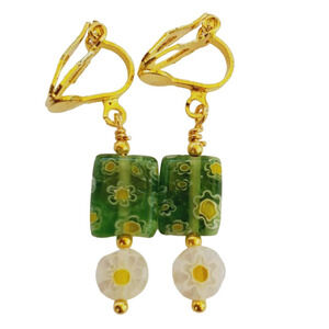 Clip on Earrings Green with White and Yellow Daisy Millefiori 1 Inch gold tone